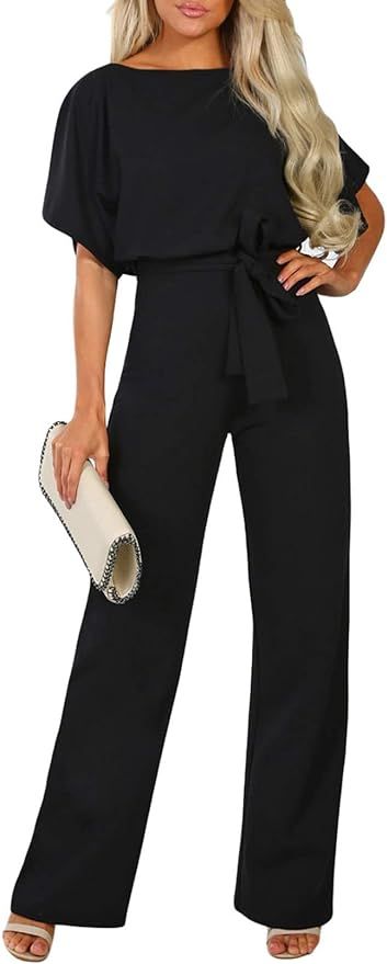 Bdcoco Womens Casual Short Sleeve Belted Jumpsuits Solid Wide Leg Pants Rompers | Amazon (US)