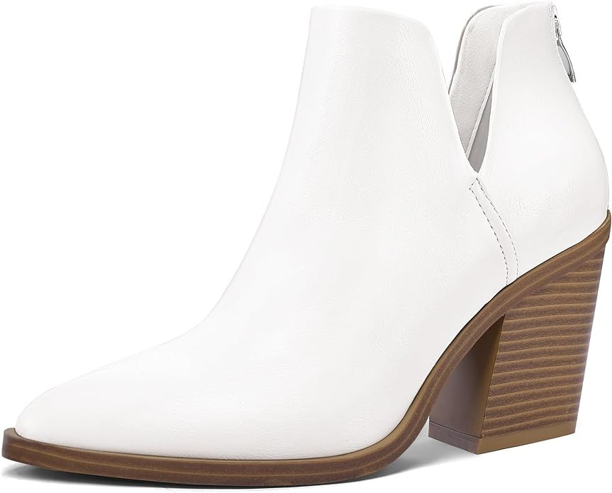 mysoft Women's Ankle Boots Slip on Cutout Pointed Toe Chunky Stacked Mid Heel Booties | Amazon (US)