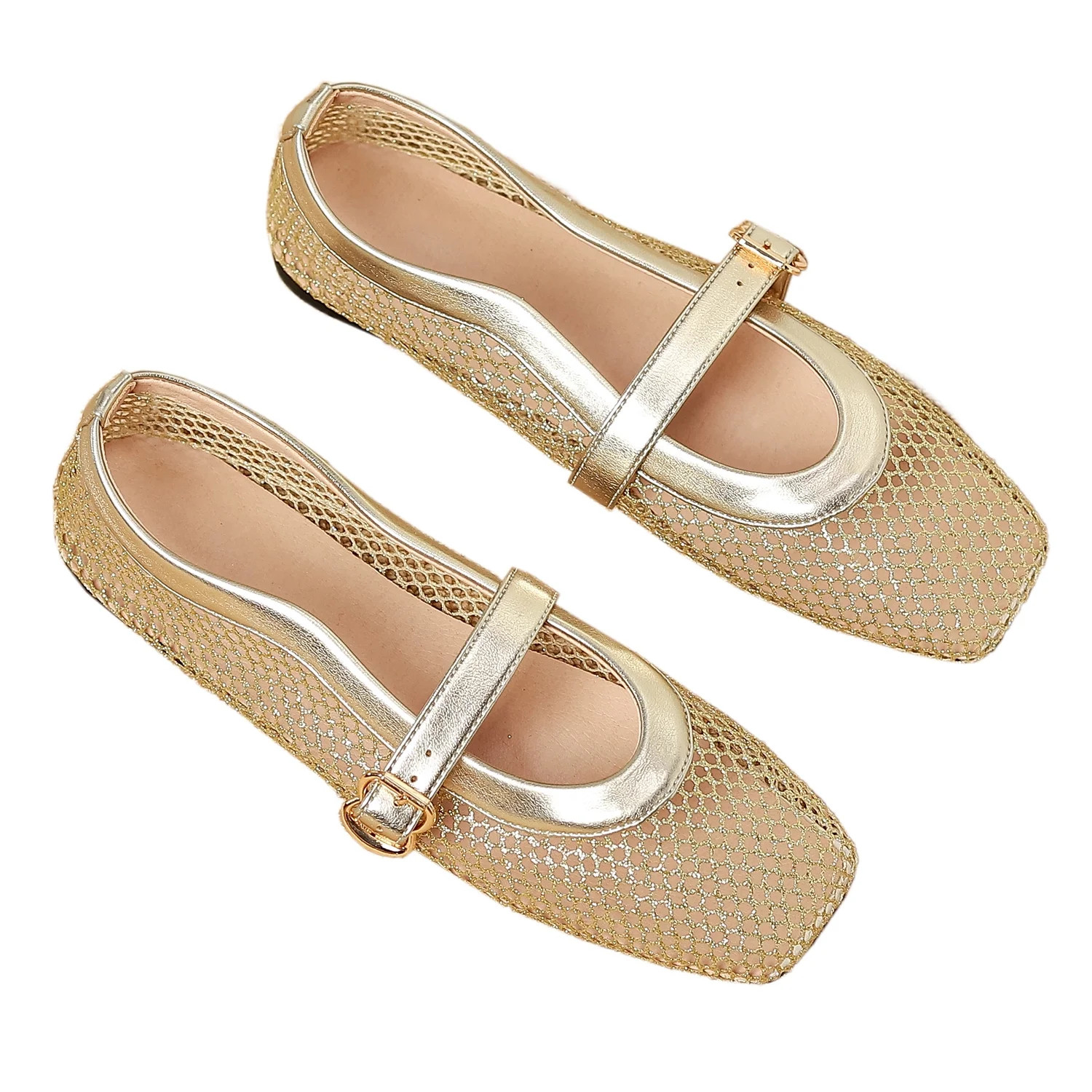 Ruiatoo Comfy Fishnet Ballerina Flat Shoes for Women - Mesh Ballet Flats with Buckle Strap for Ca... | Walmart (US)