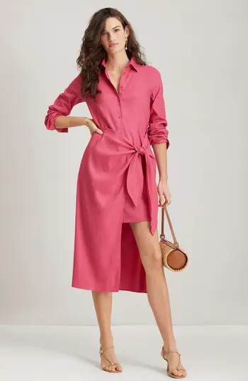 Long Sleeve Stretch Linen Blend Faux Wrap Shirtdress | Nordstrom