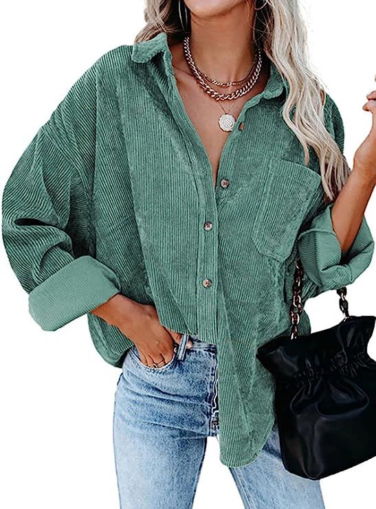 Womens Corduroy Shirt Jacket Button Down Long Sleeve Blouses Tops Collared Oversized Shirts for W... | Amazon (US)