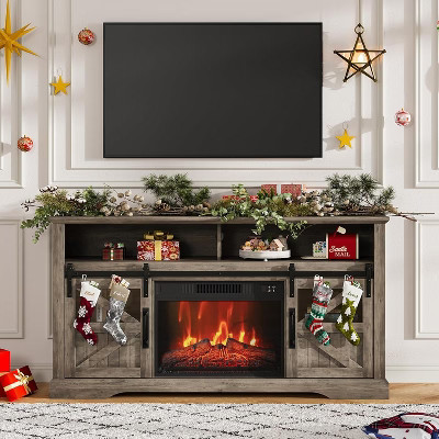 Fireplace TV Stand for TVs up to 65", Farmhouse Entertainment Center with 23" Electric Fireplace, Sliding Barn Door & Adjustable Shelf - Gray | Target