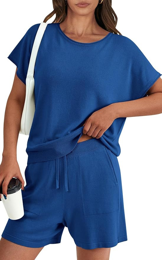 PRETTYGARDEN Two Piece Set 2024 Summer Lounge Tracksuit Outfits Shorts And Short Sleeve Tops Knit... | Amazon (US)