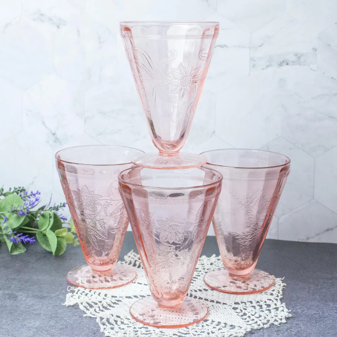 Vintage Jeannette Pink Depression Glass Tumbler Poinsettia, Sunflower Floral Footed Water Glass | Etsy (US)