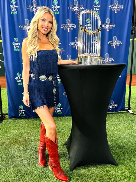 Western belt. Cowboy boots. Red boots. Fringe dress. Game day outfit 

#LTKstyletip #LTKshoecrush