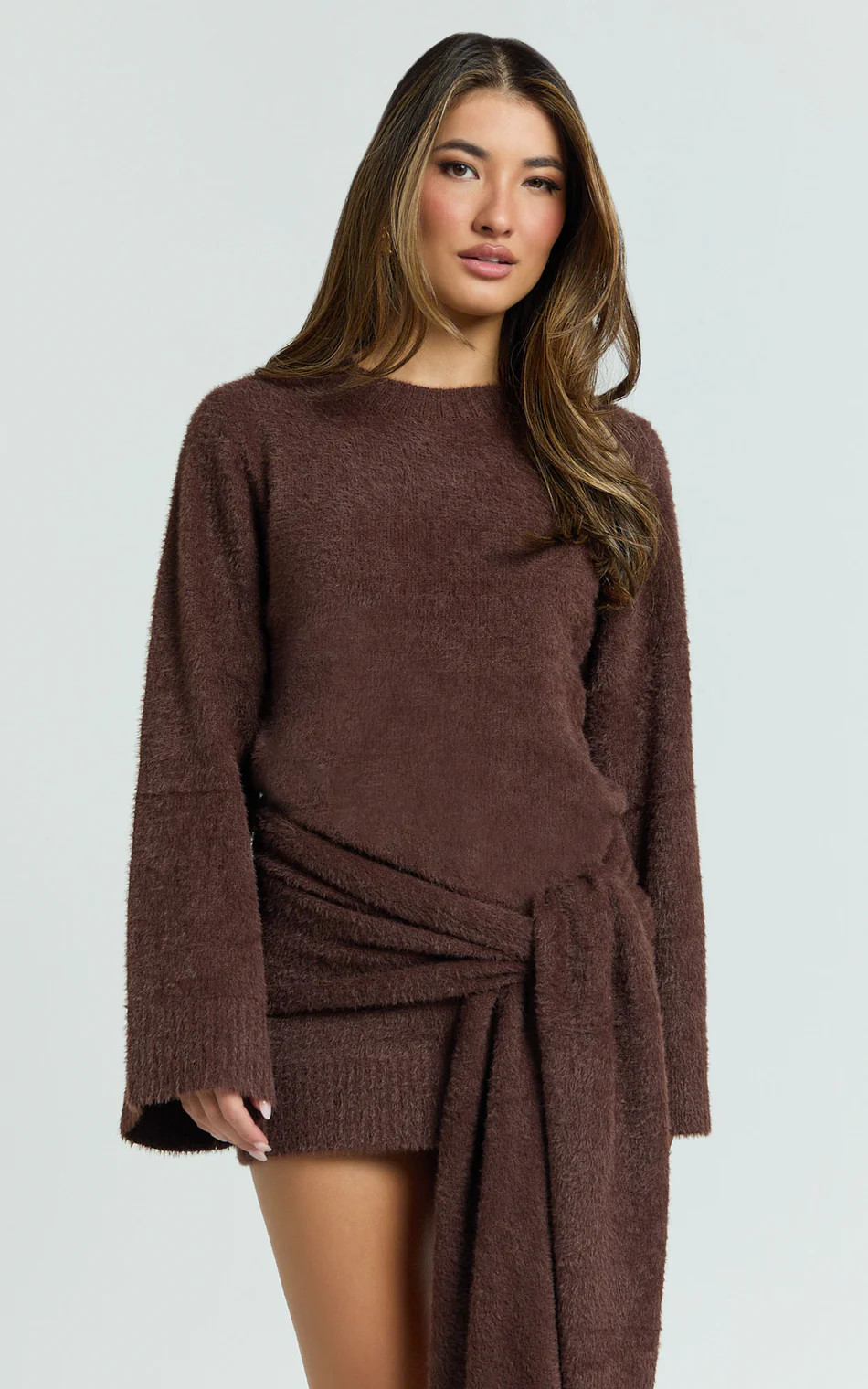 Tisdale Mini Dress - Wrap Skirt Fluffy Knit Jumper Dress in Chocolate | Showpo (US, UK & Europe)