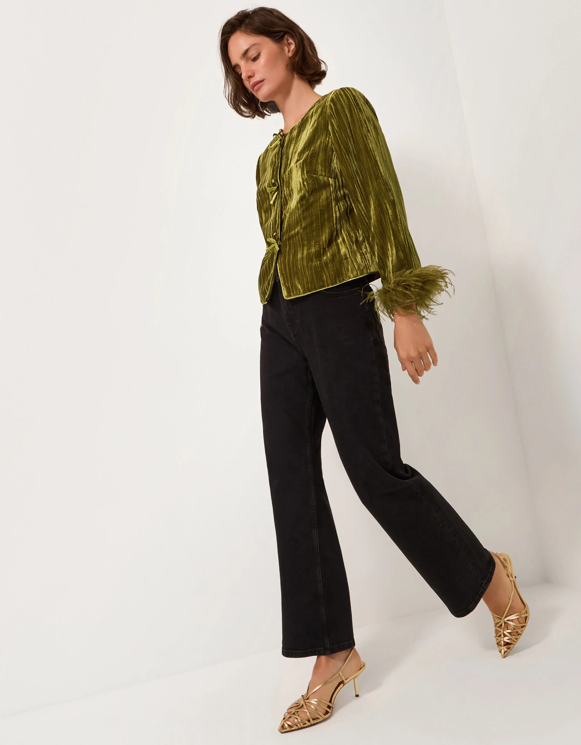 Olivia Feather Cuff Velvet Jacket Green | Monsoon (UK)