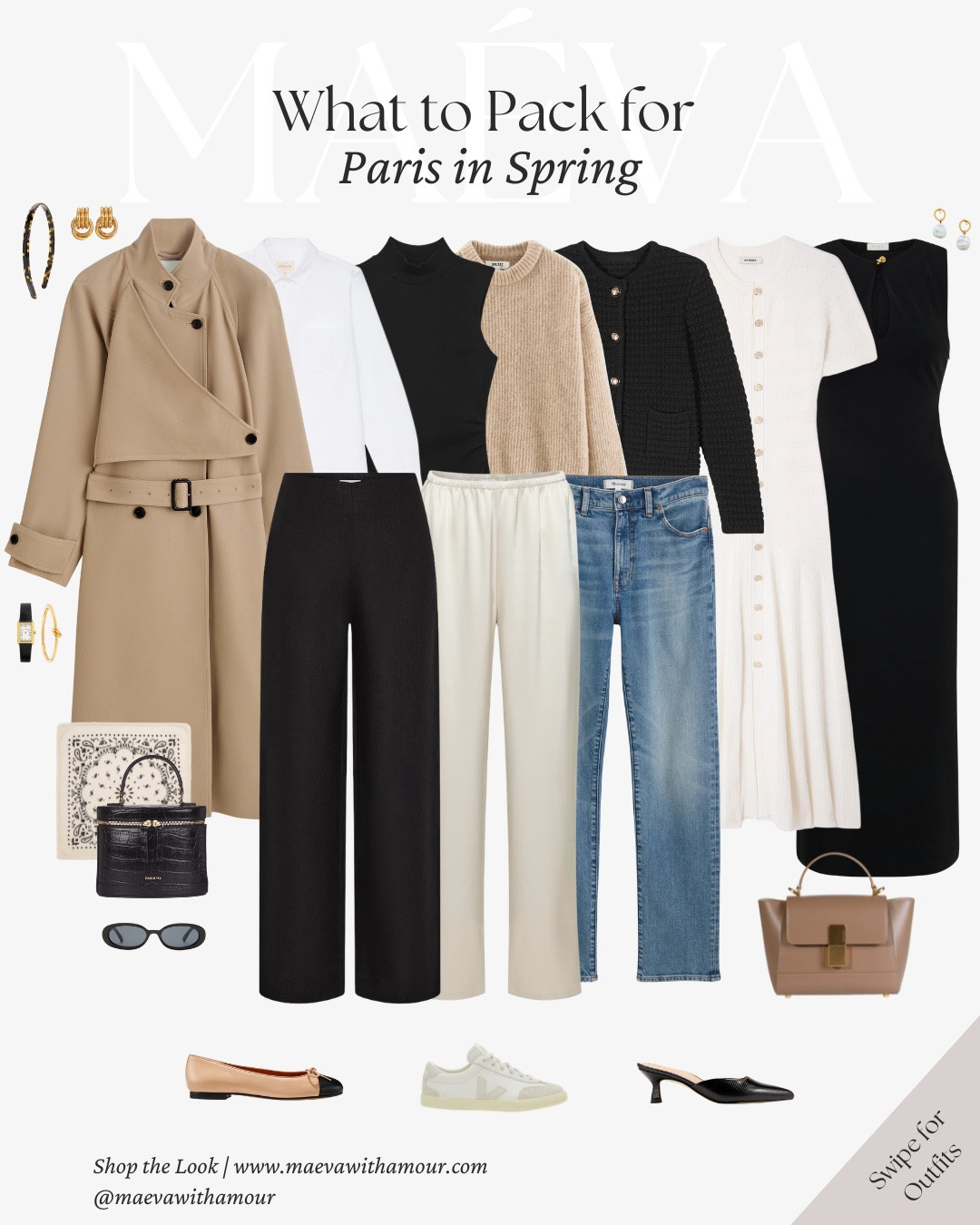 What to Pack for Spring in Paris 🤍 featuring 15 timeless looks

Spring in Paris is one of the most beautiful times to visit, the gardens begin to bloom, café terraces slowly fill back up, and the city comes alive again after winter ✨ But the weather can also be a little unpredictable, with sunshine, cooler mornings, and the spring shower all in the same day! 

Dressing for spring in Paris is really about thoughtful layers, timeless pieces, and outfits that can easily adapt as the weather shifts throughout the day! 

This capsule is built around versatile staples that mix effortlessly, creating 15 looks from the same core wardrobe pieces ✨ I focused on a neutral base so everything works easily together, but you can absolutely swap in your favorite colors and accessories to bring out your own personal style! 

While it was designed with Paris in mind, the same pieces can work beautifully in other cities with similar spring weather, or simply as a base for a timeless everyday wardrobe! 

Packing notes for spring in Paris:

-Check the forecast before packing
-Prioritize versatile layers
-Keep a small umbrella with you
-Plan footwear with the gardens & walking in mind
-Build around a cohesive color palette
-Choose pieces that mix easily together
-Leave a little room in your suitcase for shopping! 

🤍 Love this capsule? Comment SHOP to receive the link, or head to the link in bio to explore the full edit and more

✨ I’ve also shared the full packing guide and personal notes for spring in Paris over on maevawithamour.com

👉 Save and follow along for more French-inspired style, thoughtful edits, and wardrobe ideas designed to elevate your everyday

With Amour, M.

#parisianstyle #capsulewardrobe #packingtips #frenchstyle #travelwardrobe 

@Margaux @Aritzia @Madewell @SEZANE @ATELIERS AUGUSTE 

#LTKWorkwear #LTKootd #LTKTravel