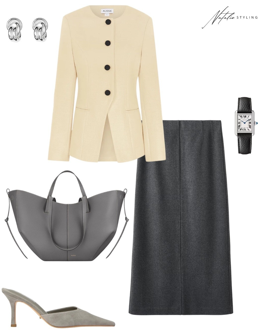 A refined, feminine take on classic office wear featuring soft butter yellow paired with timeless charcoal gray. The structured cream blazer instantly brightens the look while still feeling professional and sophisticated. Styled with a tailored gray midi skirt, sleek neutral heels, and a structured gray tote, this outfit is perfect for work, business meetings, office days, or elevated business casual settings. Finished with minimalist silver jewelry and a classic watch.

#LTKWorkwear #LTKU #LTKootd