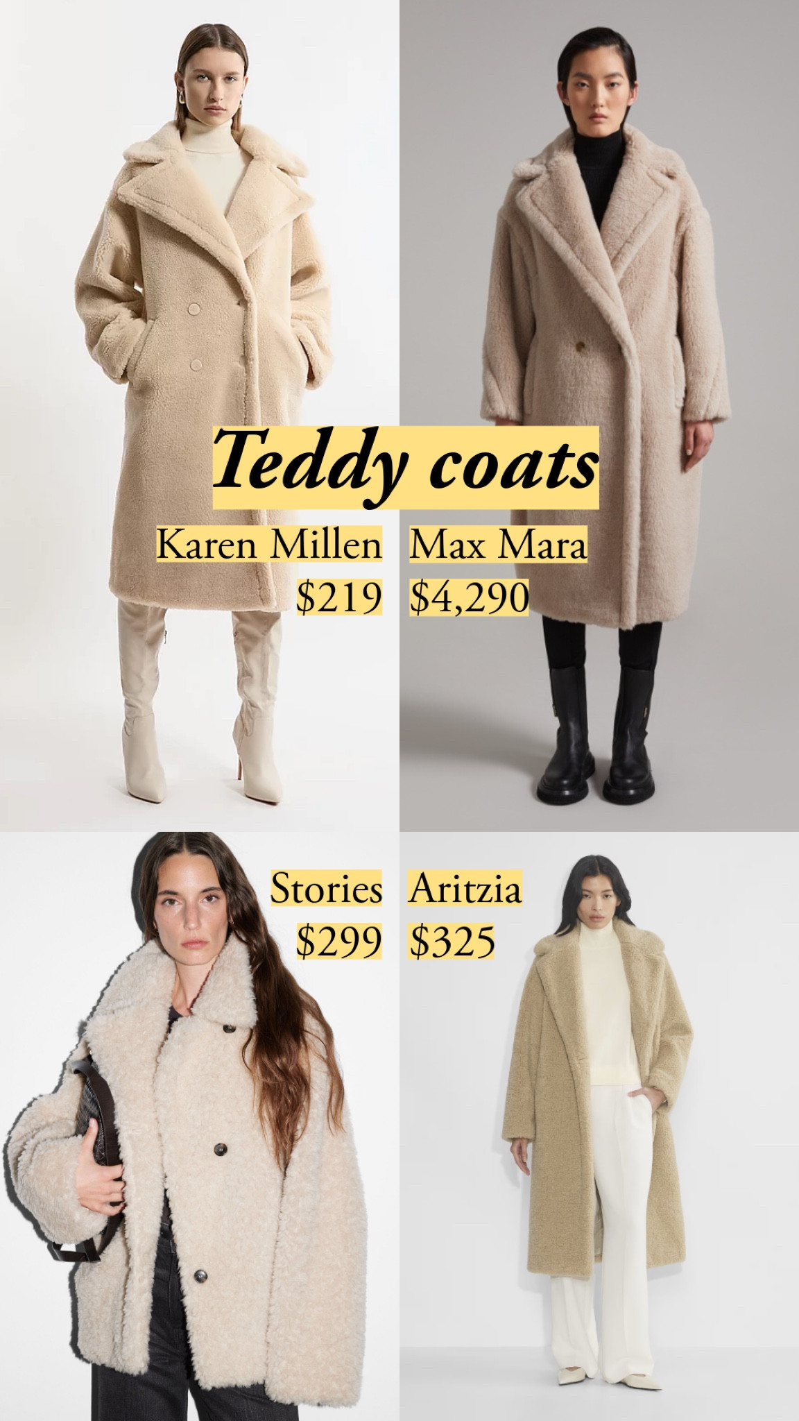 DISCOUNT: use code EXTRA10 for 10% off at Karen Millen 

So many cute options for teddy coats!

Max Mara has a unique process for turning alpaca and wool into this magnificent, plushy fabric. I am impressed that & Other Stories uses a wool blend as well. 

#teddycoat #wintercoat #affordableluxury #neutrals

#LTKSeasonal #LTKWorkwear #LTKCyberWeek