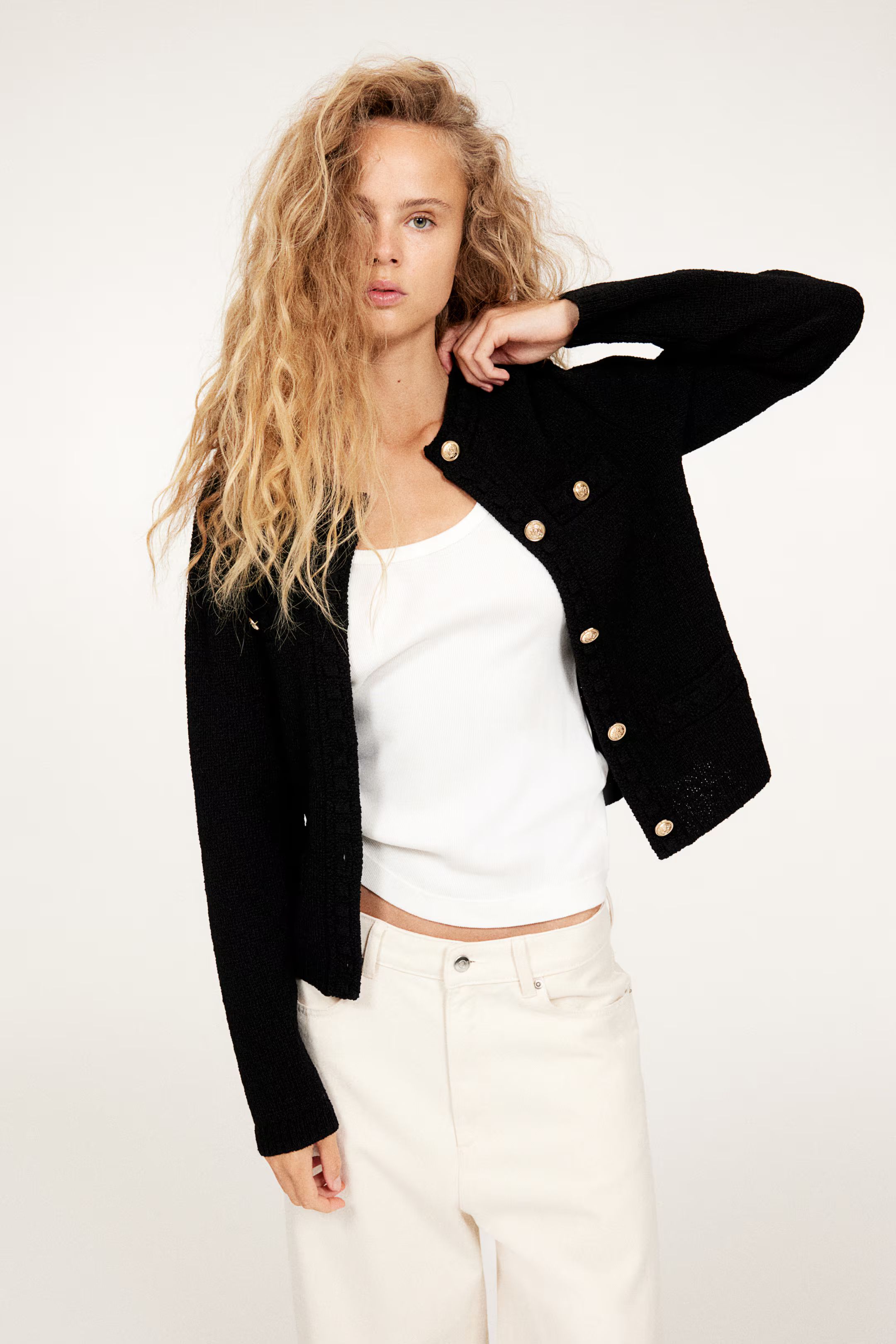 Textured-knit Cardigan - Round Neck - Long sleeve - Black - Ladies | H&M US | H&M (US + CA)