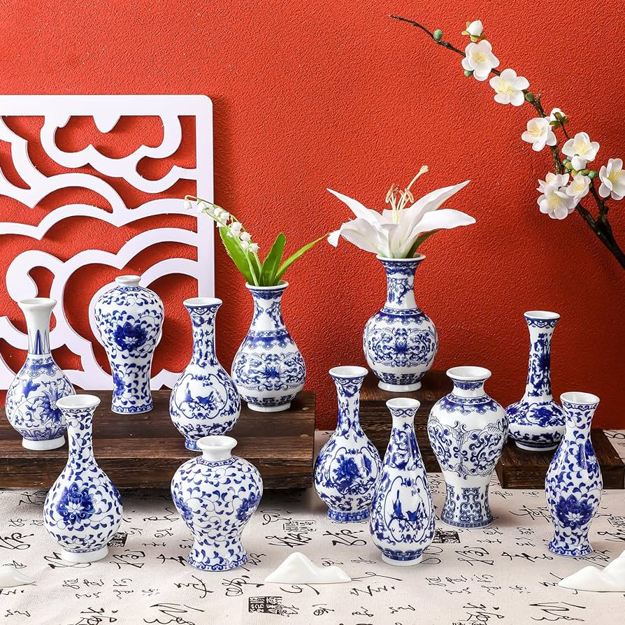 Set of 12 Porcelain Blue and White Vase, Mini Chinoiserie Vases Set Vintage Ceramic Oriental Vase... | Amazon (US)