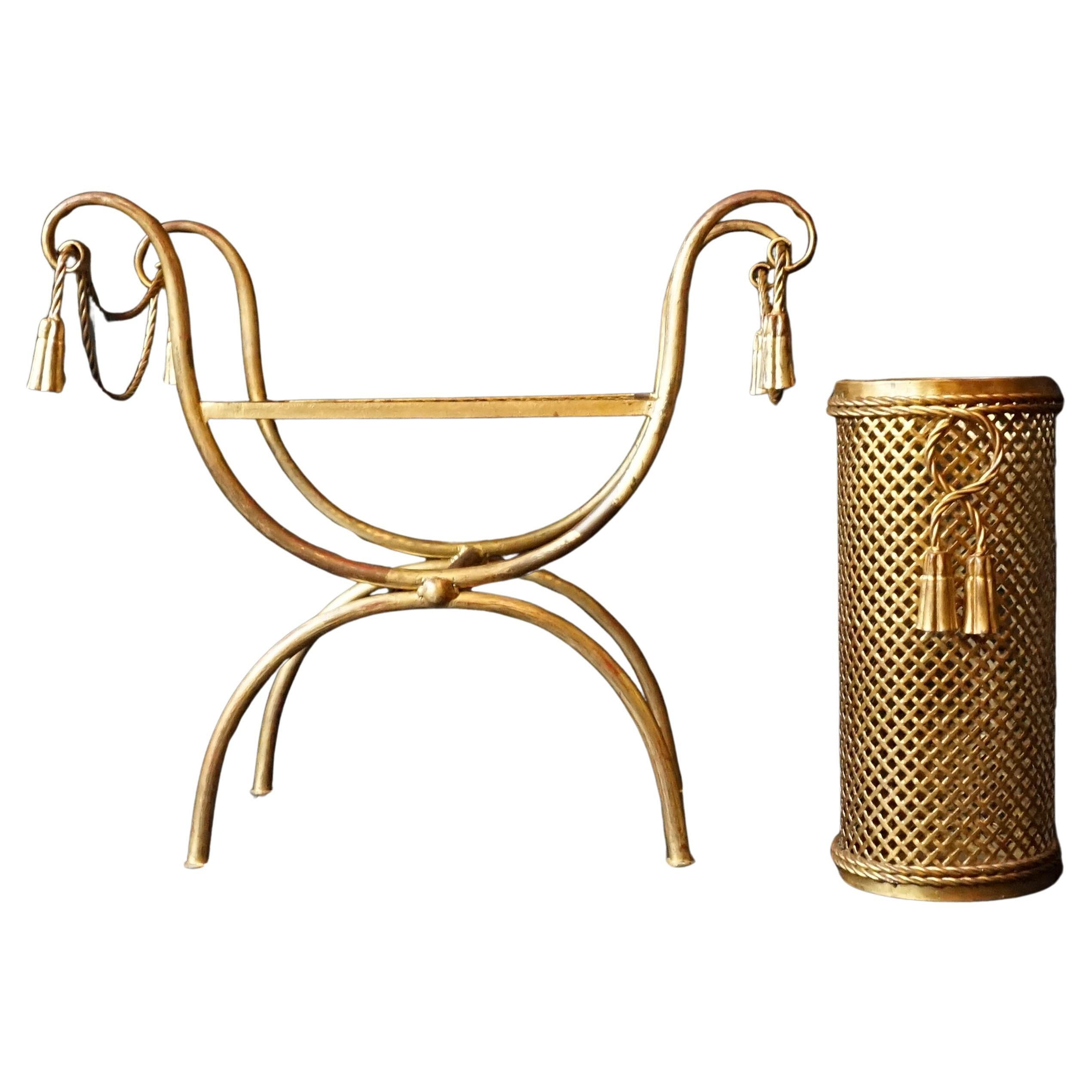1950s Italian Midcentury Gilt Metal Rope and Tassel Stool and Umbrella Stand | 1stDibs