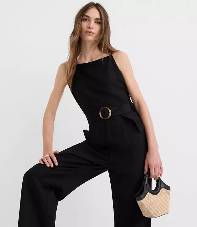 Linen Blend Belted Jumpsuit | LOFT