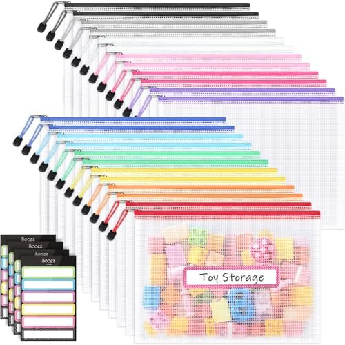 Sooez 24 Pack Mesh Zipper Pouch with Sticky Labels, A4 Mesh Bags, Toy Storage Board Game Puzzles ... | Amazon (US)