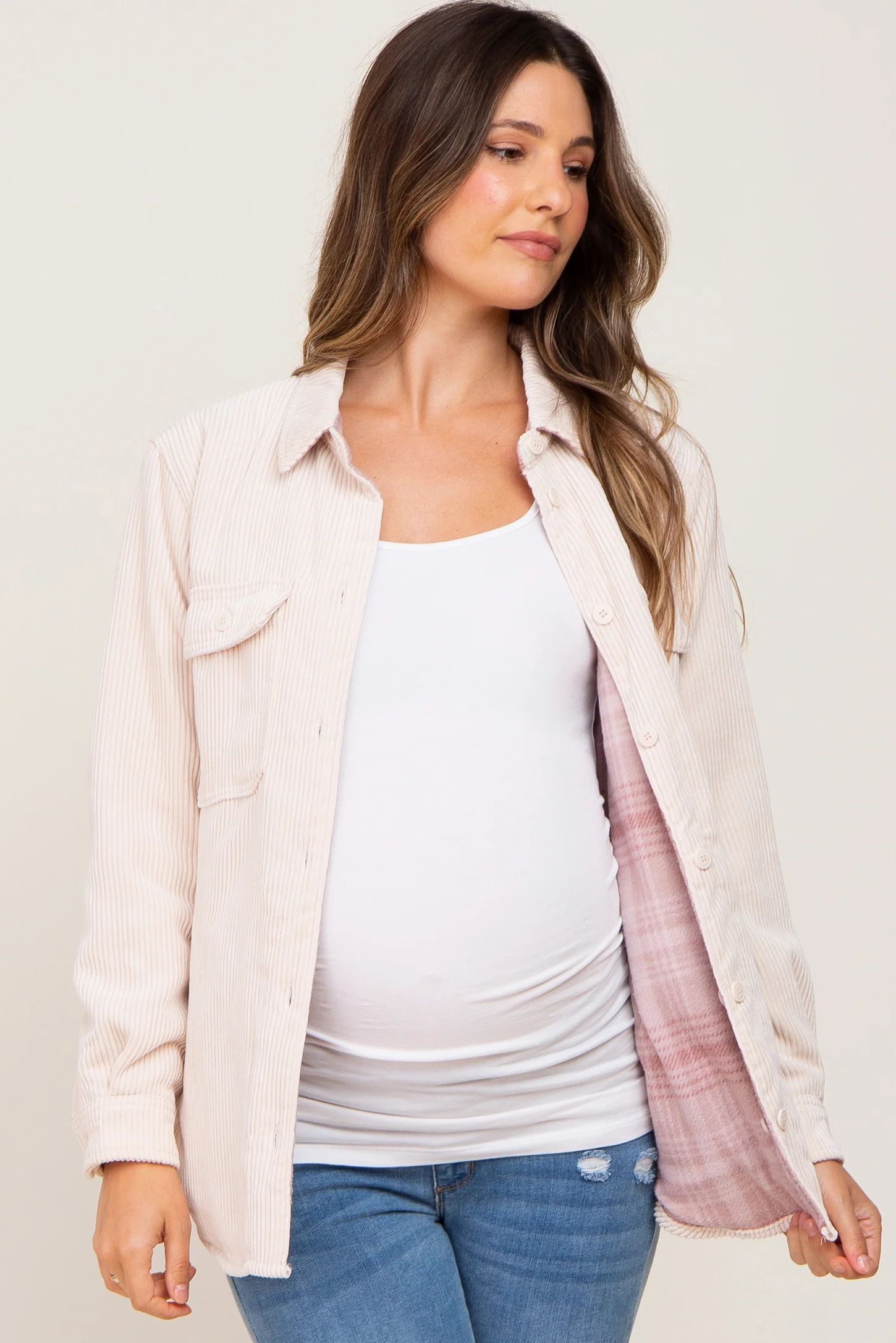 Cream Reversible Maternity Shirt Jacket | PinkBlush Maternity