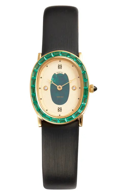 PASCAL Oval Halo Lab Grown Diamond & Lab Grown Emerald Leather Strap Watch, 24mm x 30mm in Greenery Crown at Nordstrom | Nordstrom