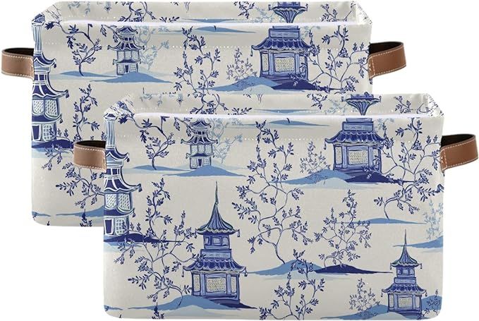 susiyo Large Foldable Storage Bin Pagodas Chinoiserie Fabric Storage Baskets Collapsible Decorati... | Amazon (US)