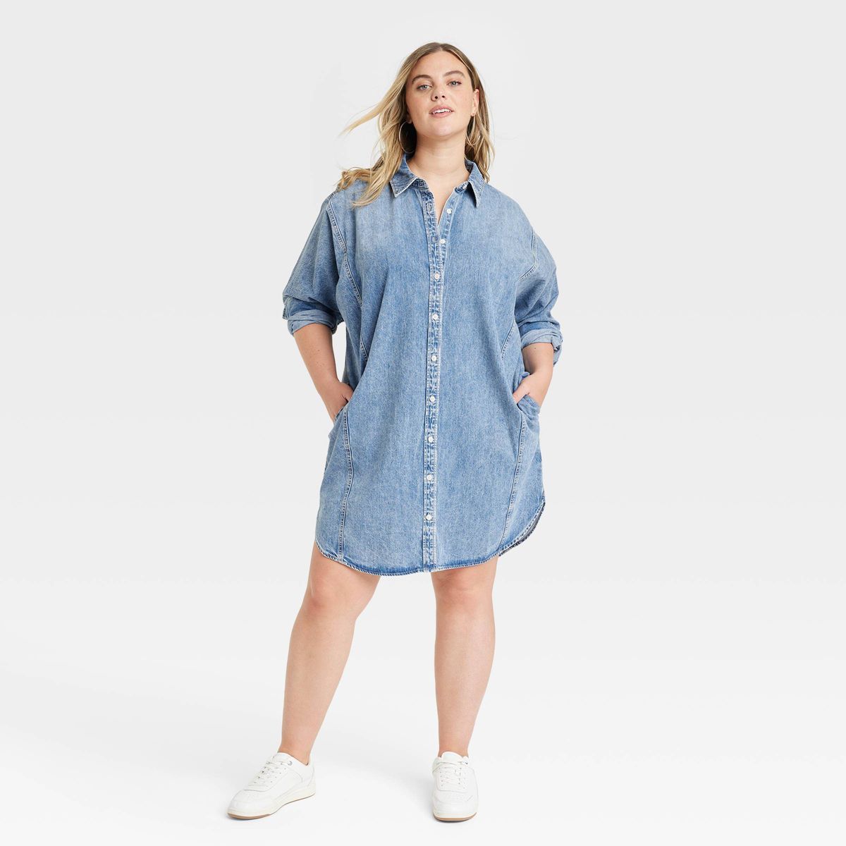 Women's Long Sleeve Mini Shirtdress - Universal Thread™ Indigo M | Target