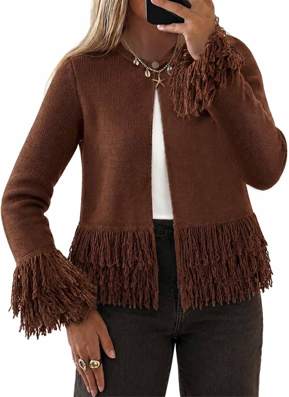 Yousify Fringe Tops for Women Crew Neck Button Down Crochet Cardigan | Amazon (US)