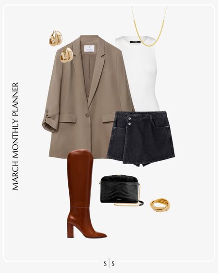Monthly outfit planner: MARCH: Winter to Spring transitional looks | oversized blazer, black denim skort, knee high boots, white tank, gold jewelry 

Date night outfit 

See the entire calendar on thesarahstories.com ✨ 


#LTKstyletip