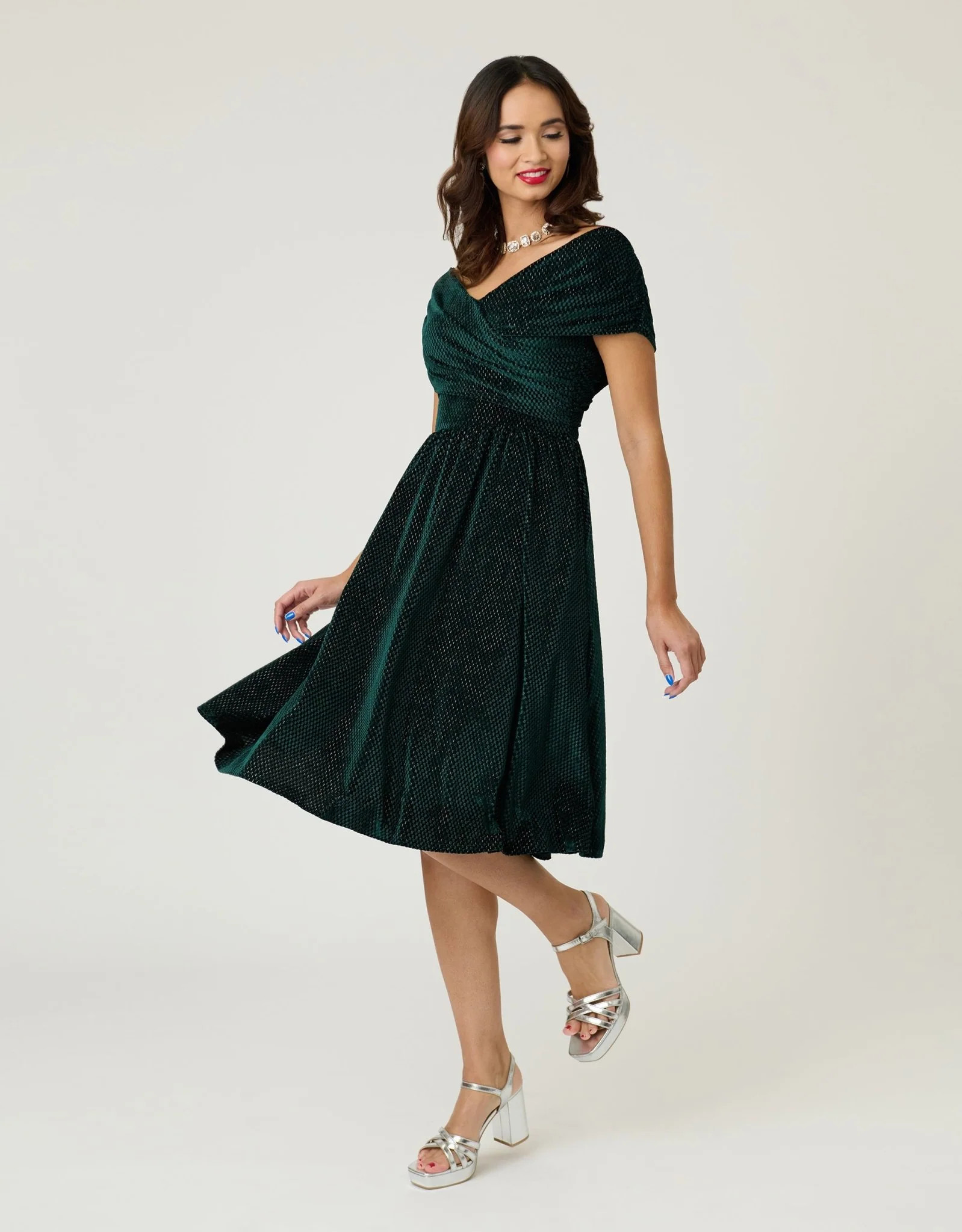 Unique Vintage Emerald Velvet Shirred Swing Dress | UniqueVintage