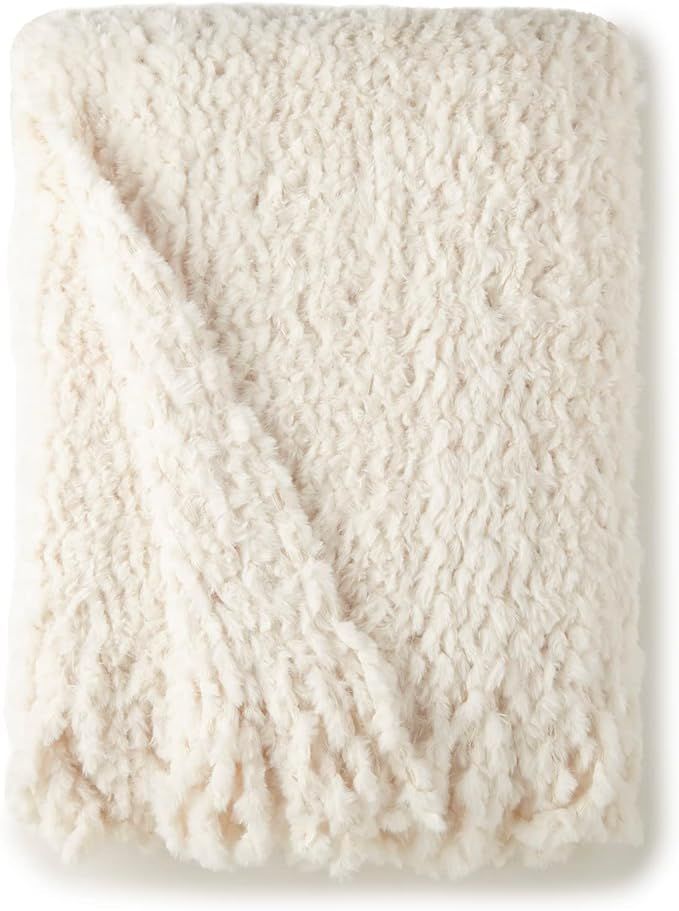 Crafted by Catherine Ivory Fringe Trim Knit Faux Rabbit Fur Throw 50" x 60" | Amazon (US)