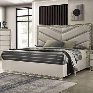 Dulce Gray Wood Frame King Platform Bed with LED on Chevron Headboard | The Home Depot