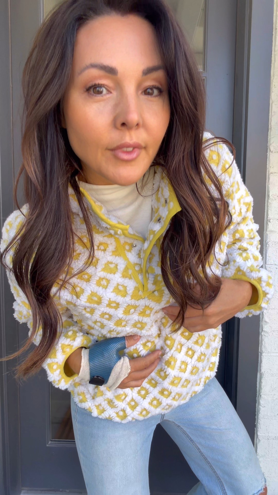 Yellow diamond Sherpa pullover is a free people look alike top. Quality and warm 

$15 Walmart jeans I’ve had for 3 years: tts. 
Platform clogs are so comfy 
Ruffle plaid socks 