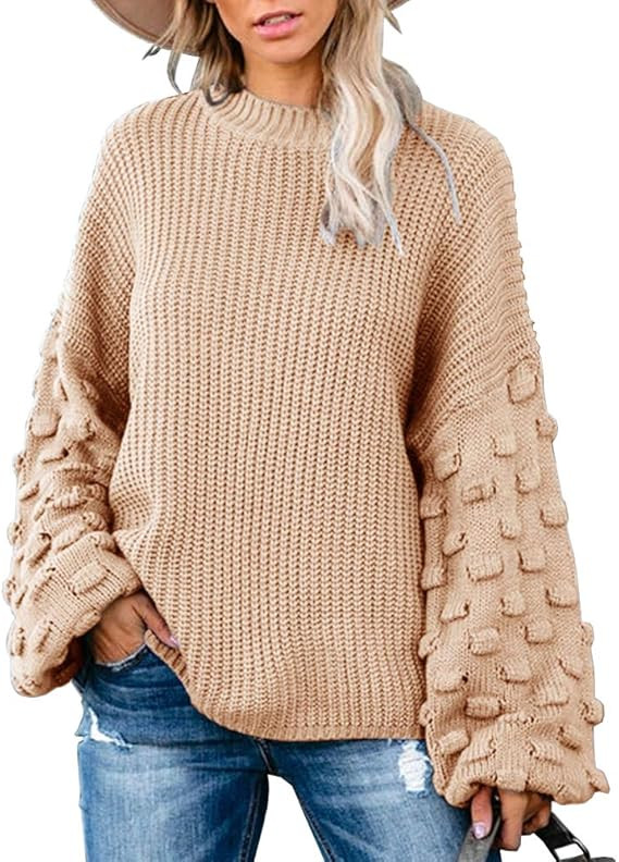 Tutorutor Womens Crew Neck Pom Pom Sleeve Pullover Sweaters Oversized Batwing Sleeve Chunky Knit ... | Amazon (US)