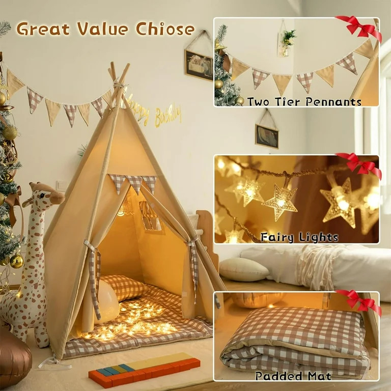 Teepee Tent with Padded Mat Bunting Banner Fairy Lights - Print Gingham Kids Play Tent with Carry... | Walmart (US)