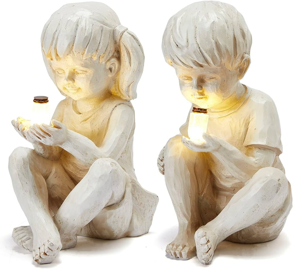 Large Garden Children Statues Light Up Firefly Jar Solar Powered | Set of 2 Figurines | Girl & Bo... | Amazon (US)