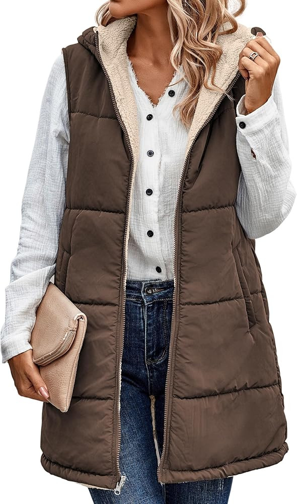 ECOWISH Women Long Puffer Vest: Fall Zip up Reversible Fleece Jacket 2025 Winter Warm Sleeveless ... | Amazon (US)