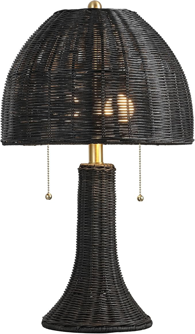 JONATHAN Y 22" Black/Brass Gold Bohemian Rustic LED Table Lamp for Bedroom, Natural Rattan Shade,... | Amazon (US)