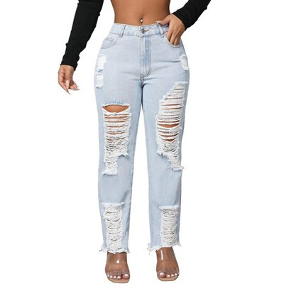 Women High Waist Distressed Ripped Denim Jeans With Relaxed Fit Frayed Hem Jean Pants Blue L | Target