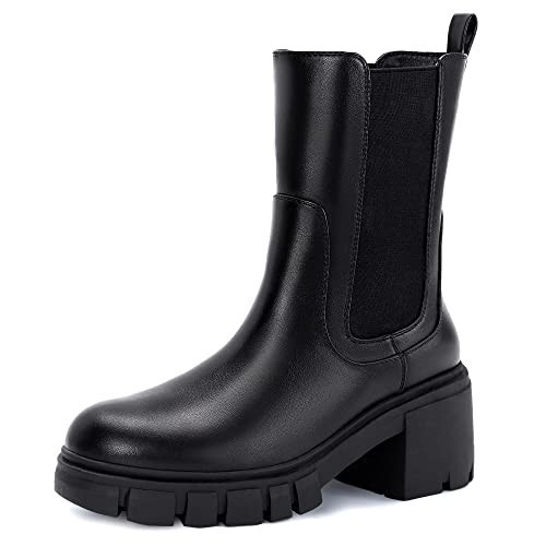 Athlefit Women's Chelsea Platform Mid Calf Boots Lug Sole Chunky Heel Elastic Leather Booties Black Size 8.5 | Amazon (US)