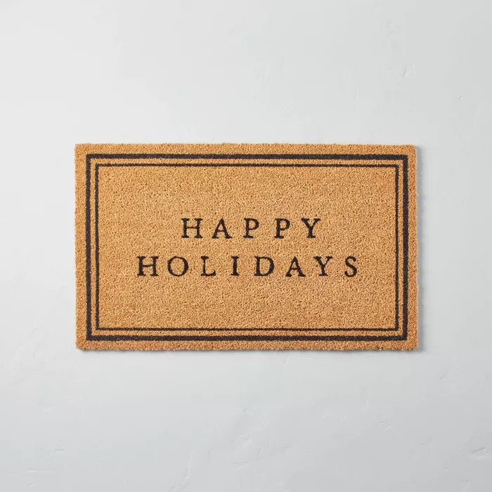 Happy Holidays Bordered Coir Doormat Tan/Black - Hearth & Hand™ with Magnolia | Target