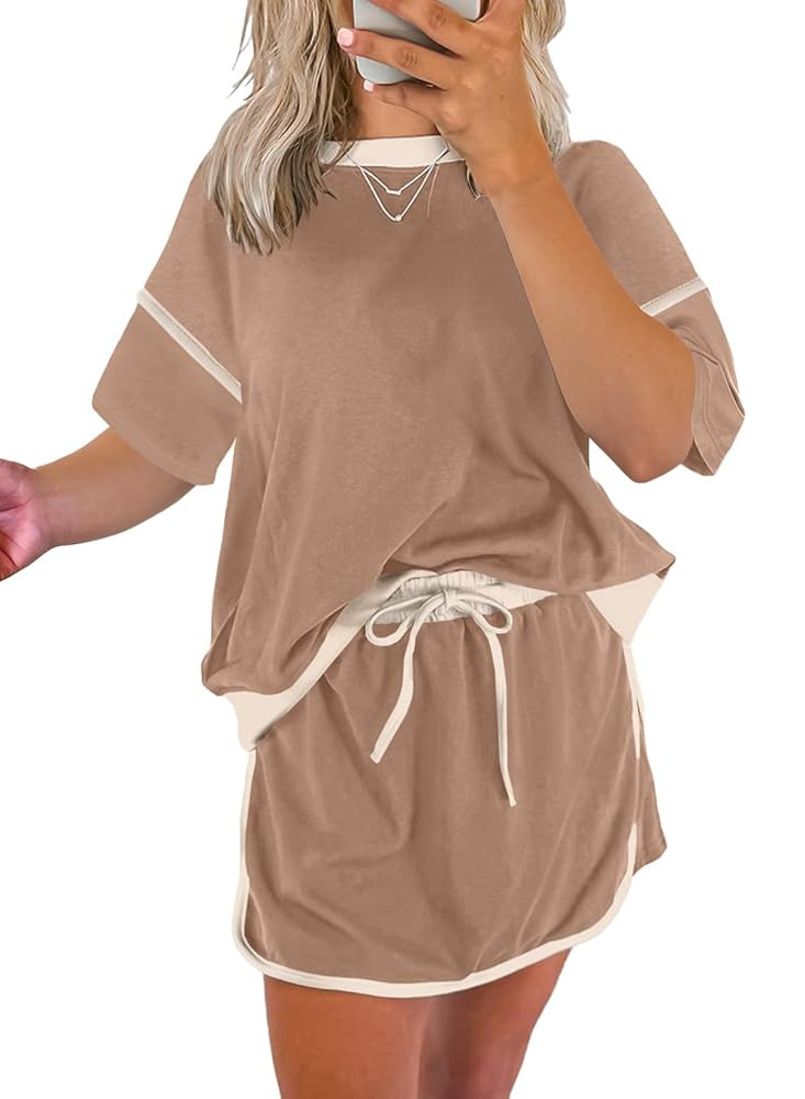 EVALESS Women's 2 Piece Sets Summer Casual Short Sleeve Tops Matching Drawstring Mini Skirt Going... | Amazon (US)