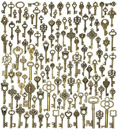 125 PCS Vintage Skeleton Key Set Charms, JIALEEY Mixed Antique Style Bronze Brass for Pendant DIY... | Amazon (US)