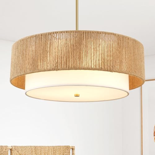 Fenluster 18'' Boho Rattan Chandelier Drum Pendant Light with Fabric Lampshade Hanging Light Fixture 3-Light Farmhouse Chandeliers for Dining Room Bedroom Kitchen Hallway Foyer | Amazon (US)
