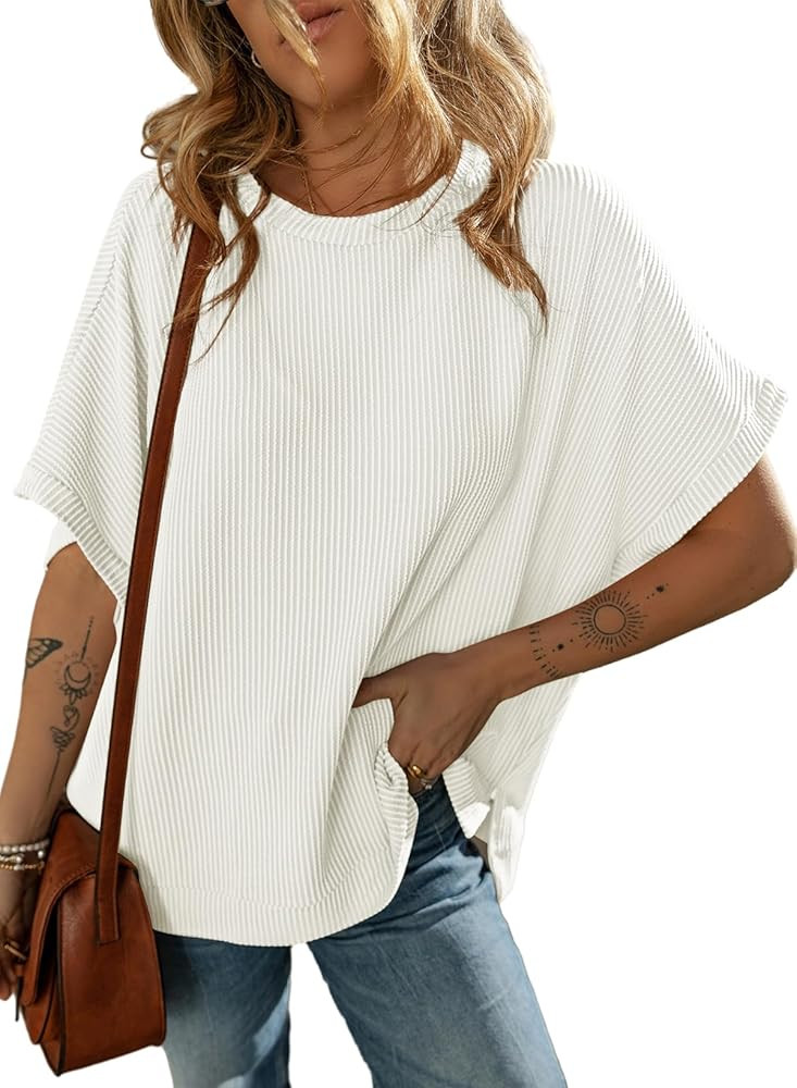 Dokotoo Women's Casual Oversized Short Sleeve Solid Color Loose Texture Knit Tunic Tops Blouses | Amazon (US)