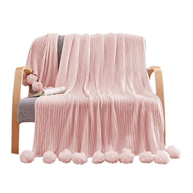 LIFEREVO 100% Cotton Hypoallergenic Striped Cable Knitted Throw Blanket Pompoms Fringe Solid - Pink  | Amazon (US)