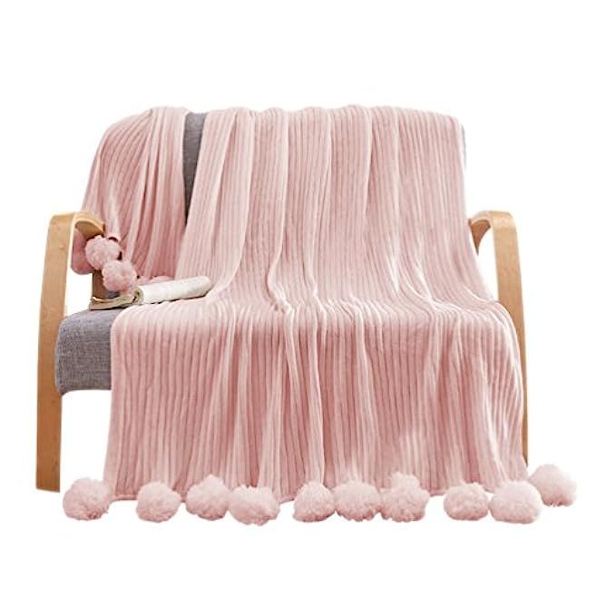 LIFEREVO 100% Cotton Hypoallergenic Striped Cable Knitted Throw Blanket Pompoms Fringe Solid - Pink  | Amazon (US)