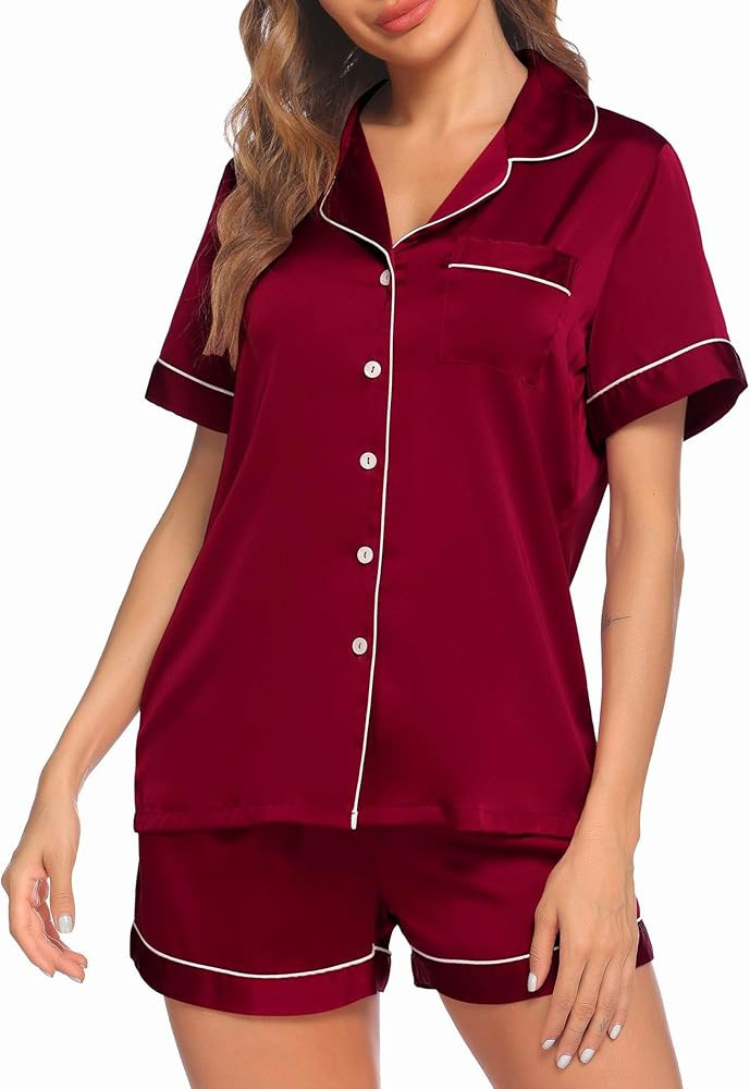 Ekouaer Satin Pajamas Women's Short Sleeve Sleepwear Soft Silk Button Down Loungewear Pjs Shorts ... | Amazon (US)