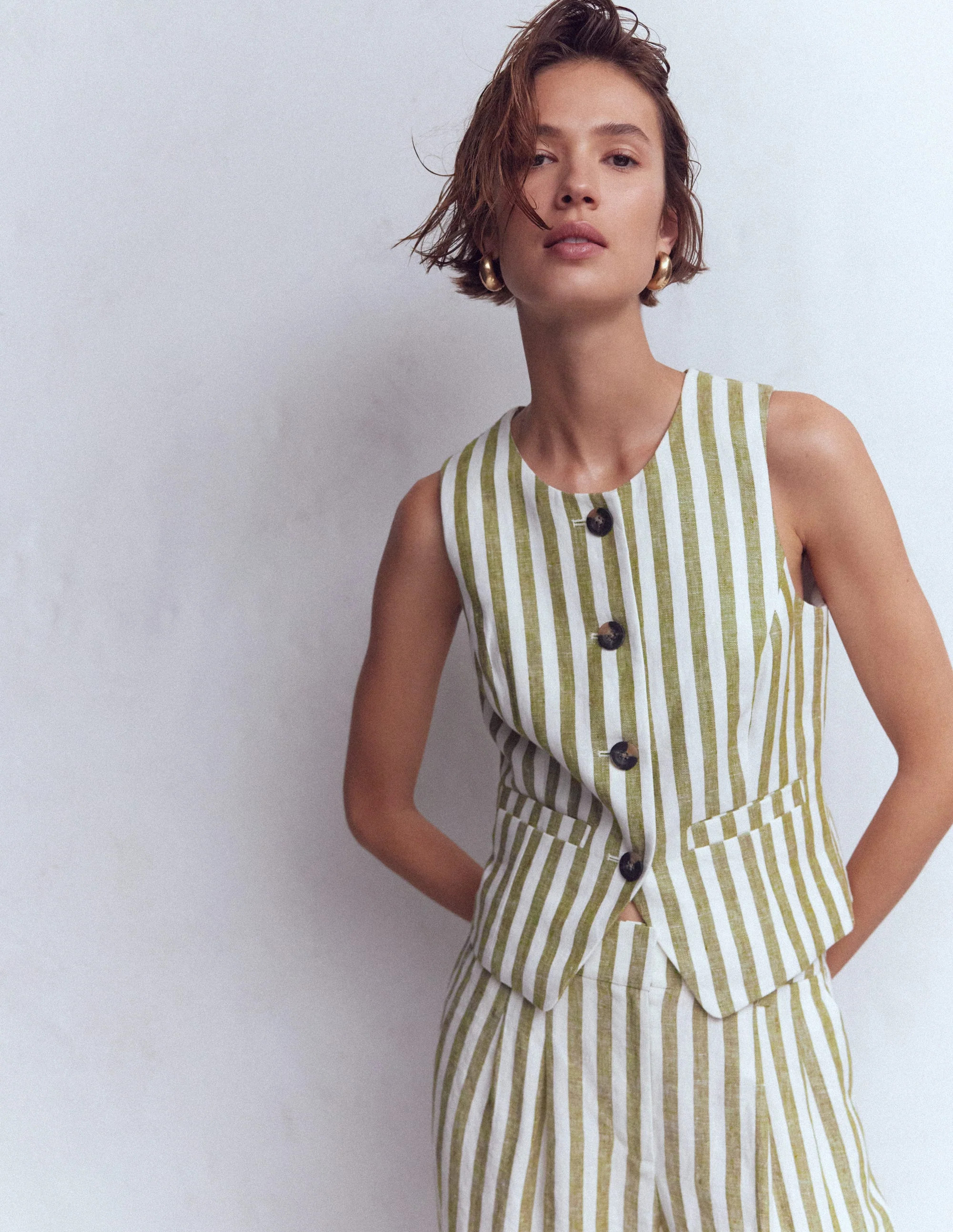 Linen Waistcoat-Olive, Ivory Stripe | Boden (US)