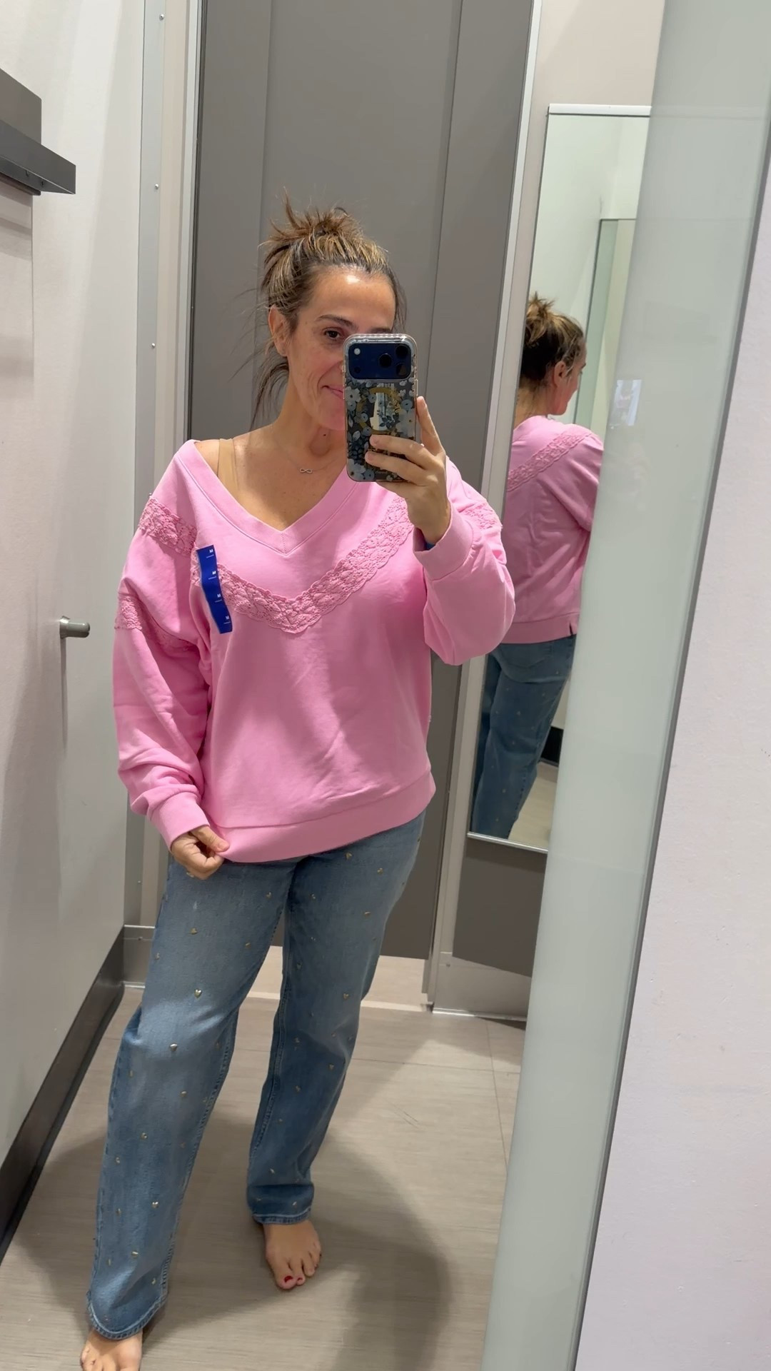 This new Target sweatshirt is so stinking cute! Will be great with leggings too! It’s roomy, I’m in a medium. 
The jeans are adorable as well. They run tts or up if in between. 