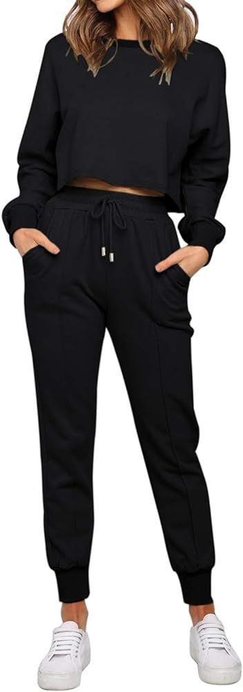 Women's Long Sleeve Crop Top and Pants Pajama Sets 2 Piece Jogger Long Sleepwear Loungewear Pjs S... | Amazon (US)