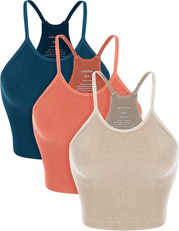 ODODOS Women's Crop 3-Pack Washed Seamless Rib-Knit Camisole Crop Tank Top | Amazon (US)