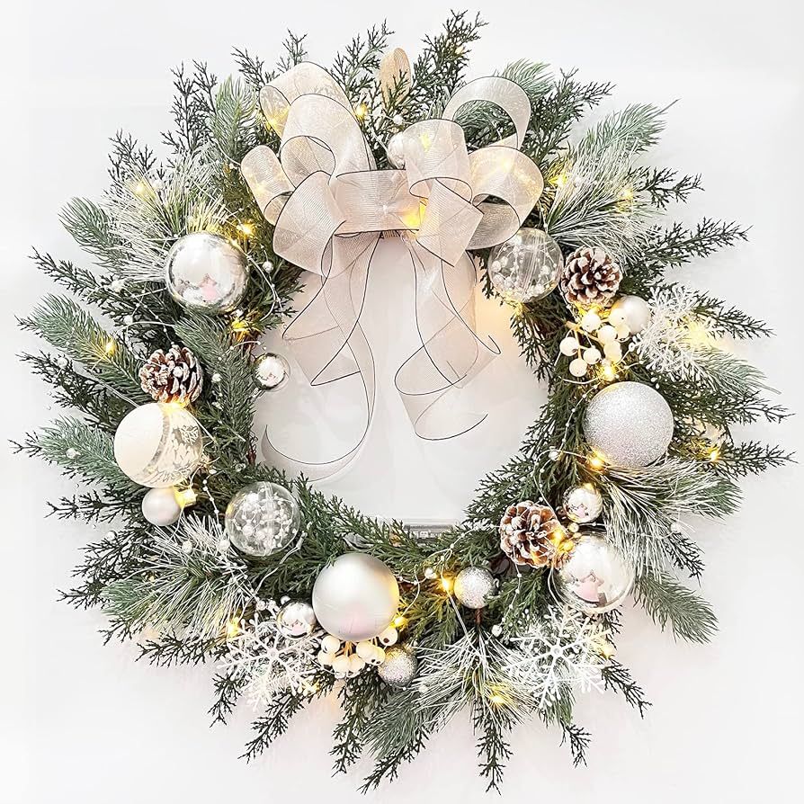 Amazon.com: Prelit Christmas Wreath with White Bow and Ball Ornaments, TOKCARE 20 Inch Christmas ... | Amazon (US)