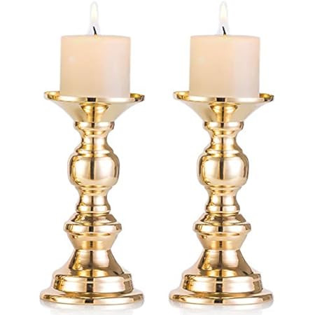 Set of 2 Gold Candlestick Metal Pillar Candle Holders, Flameless Candlestick Holders Stand Centerpie | Amazon (US)